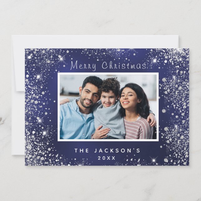 Blue photo silver sparkle Christmas card (Front)