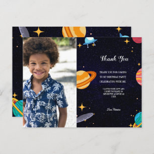 Blue photo space birthday party, thank you postcard