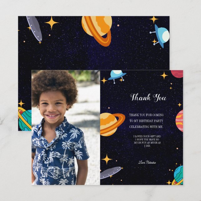 Blue photo space birthday party, thank you postcard (Front/Back)