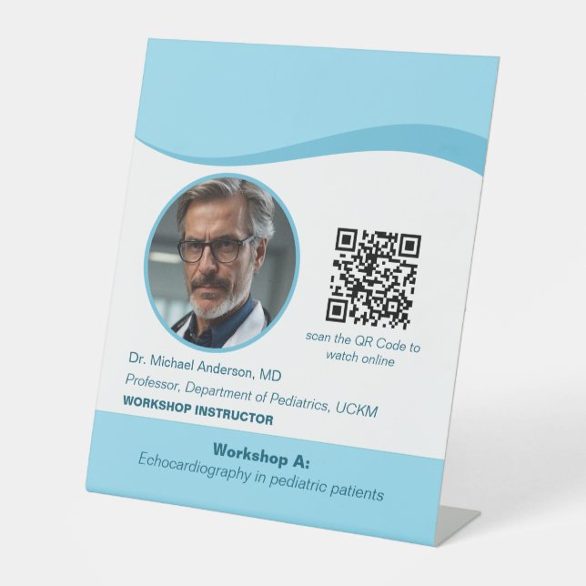 Blue Physician Photo QR Code Medical Conference Pedestal Sign (Front)