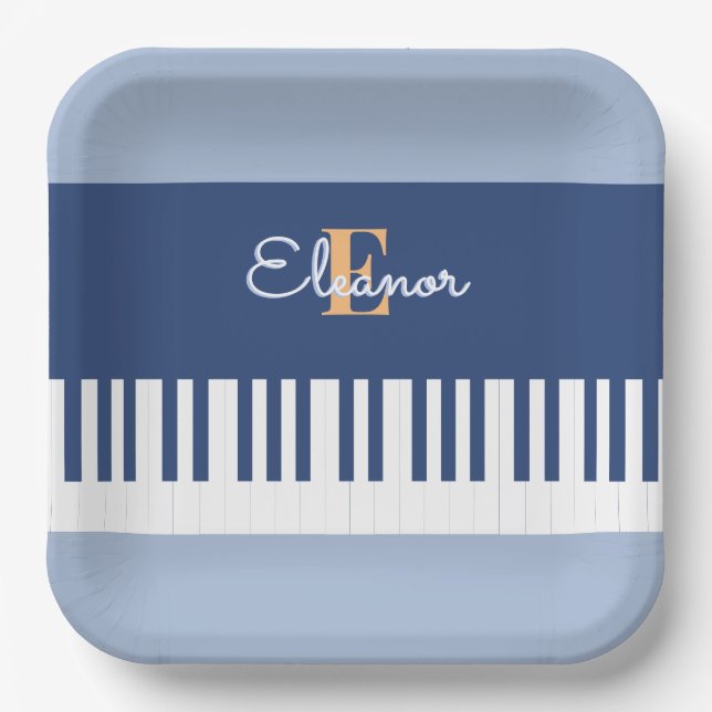 Blue Piano Keyboard Music Keys Monogrammed Party Paper Plate (Front)