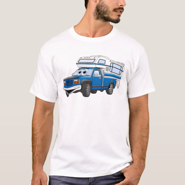 Blue Pick Up Camper Cartoon T-Shirt (Front)