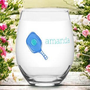 Blue Pickleball Paddle & Ball Personalised Preppy  Stemless Wine Glass