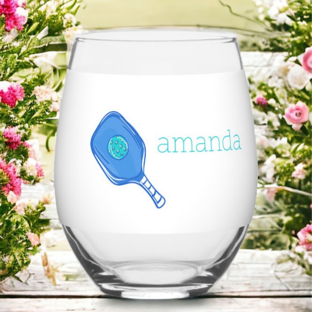 Blue Pickleball Paddle & Ball Personalised Preppy  Stemless Wine Glass (Creator Uploaded)