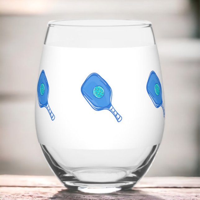 Blue Pickleball Paddle & Ball Preppy  Stemless Wine Glass (Creator Uploaded)