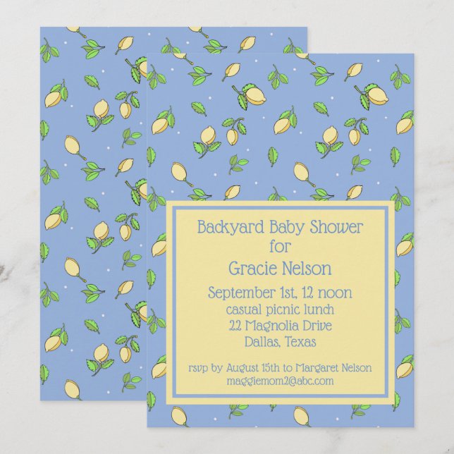 Blue Picnic Baby Shower Lemons Invitation (Front/Back)