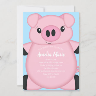 Blue Pig Birthday Party Invitation