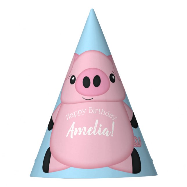 Blue Pig Birthday Party Party Hat (Front)