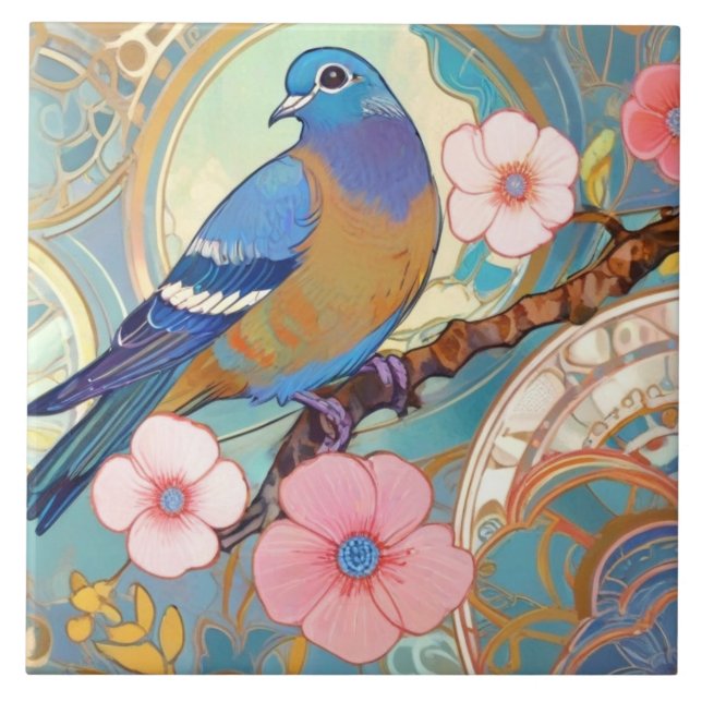 Blue Pigeon Bird Pink Floral Spring Flowers Aqua Tile (Front)