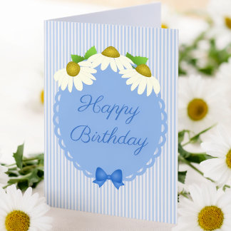Blue Pin Stripes With Daisies Birthday Card