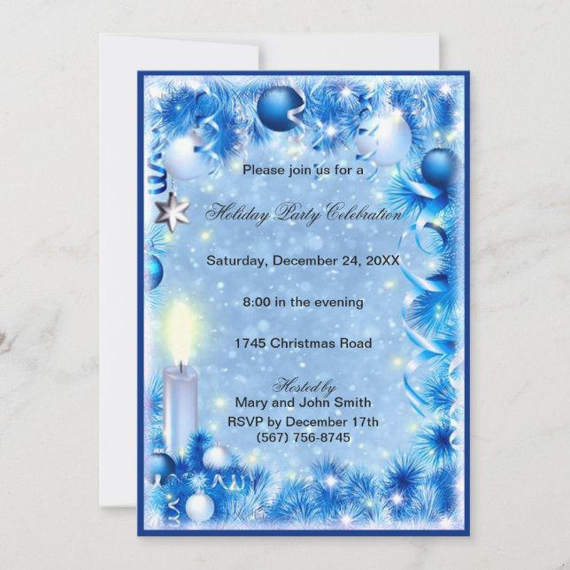 Blue Pine Candles Baubles Christmas Party Invite (Front)