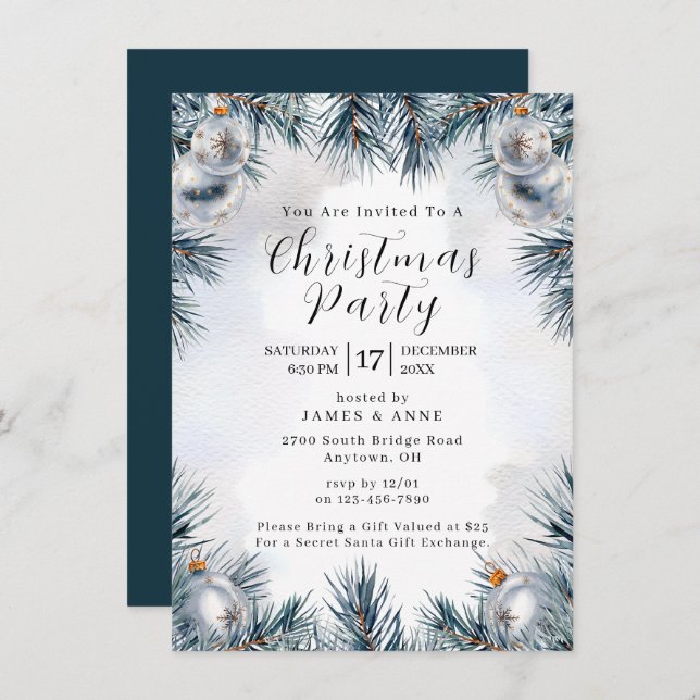 Blue Pine Christmas Party Invitation (Front/Back)