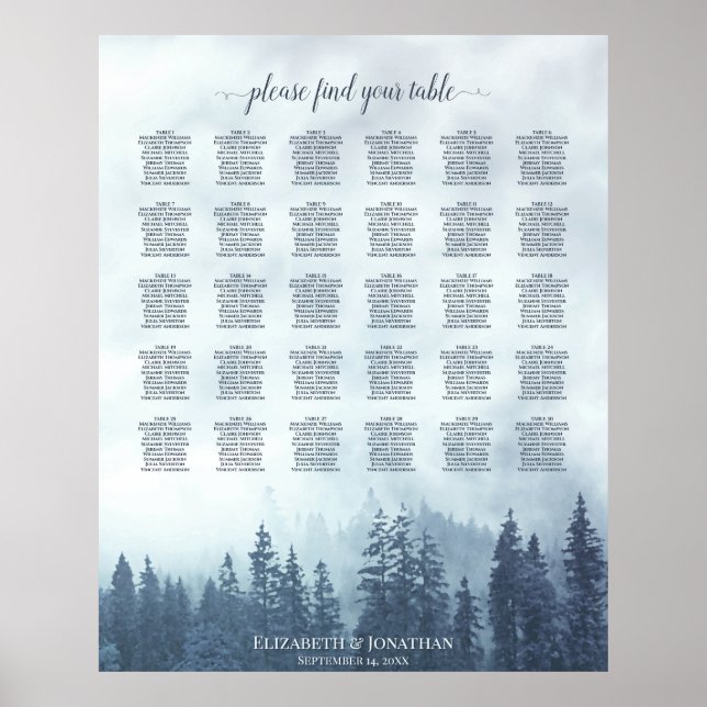 Blue Pine Forest 30 Table Wedding Seating Chart (Front)