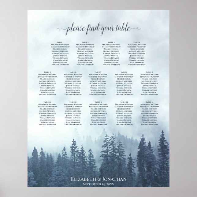 Blue Pine Trees 14 Table Wedding Seating Chart (Front)