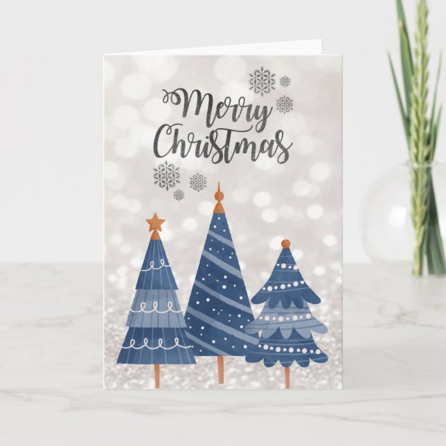 Blue Pine Trees Glittery Bokeh  Holiday Card (Front)