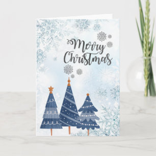 Blue Pine Trees, Snowflakes Holiday Card