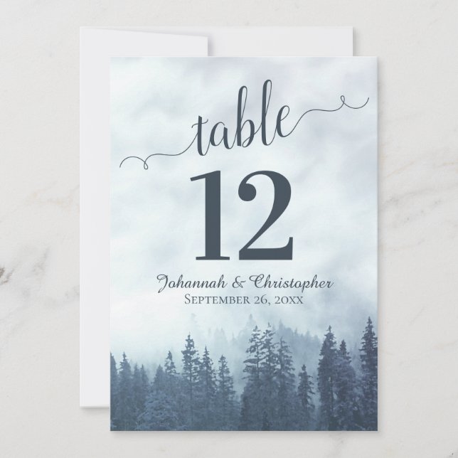 Blue Pine Trees Wedding Table Number Card Large (Front)