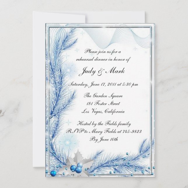 Blue Pine Winter Christmas Rehearsal Dinner Invitation (Front)