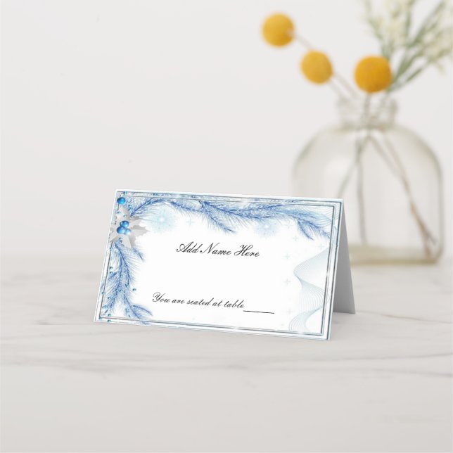 Blue Pine Winter Christmas Wedding Place Card (Front)