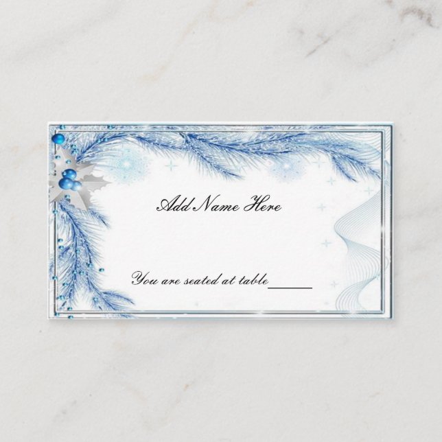 Blue Pine Winter Christmas Wedding Place Card (Front)