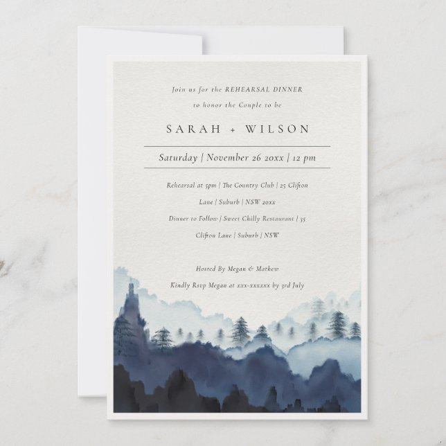 Blue Pine Woods Mountain Rehearsal Dinner Invite (Front)