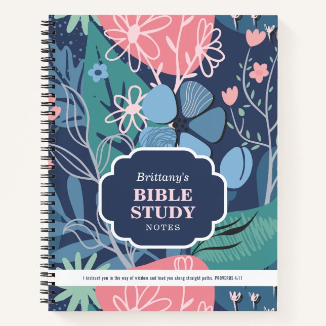 Blue Pink Abstract Floral Personalised Bible Study Notebook (Front)