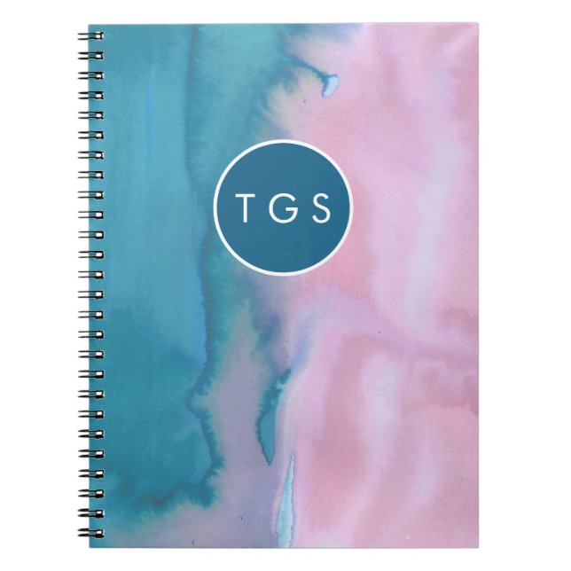 Blue pink abstract watercolor monogram notebook (Front)