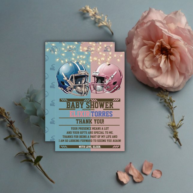 Blue & Pink American Football Helmet Baby Shower Thank You Card (Creator Uploaded)