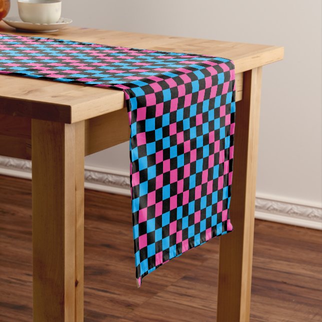 Blue Pink And Black Chequered Pattern  Short Table Runner (In Situ)