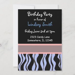 Blue, Pink and Black Zebra Birthday Invitation