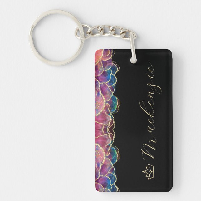 Blue, Pink, and Gold Elegant Script Personalised Key Ring (Front)