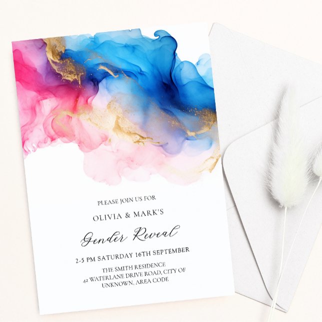 Blue Pink and Gold Watercolor Baby Gender Reveal Invitation (Creator Uploaded)