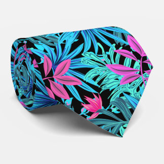 Blue, Pink and Green Tropical Leaves Tie
