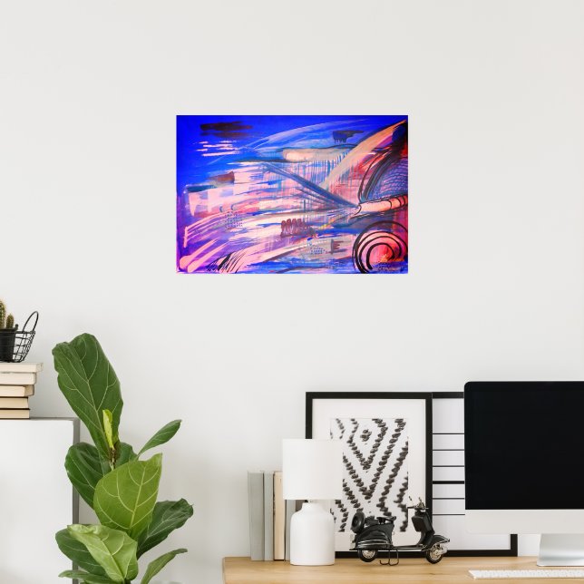 Blue Pink and Grey Abstract Art Poster (Home Office)