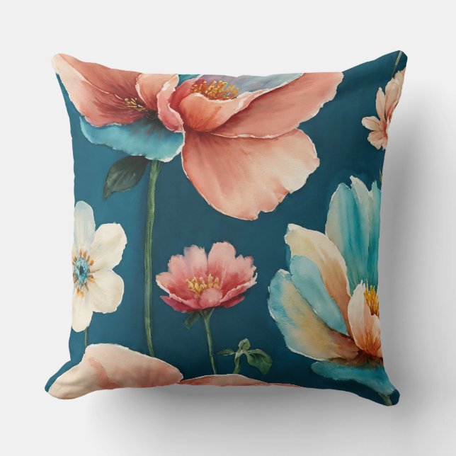 Blue, Pink and Peach Flowers Cushion (Front)