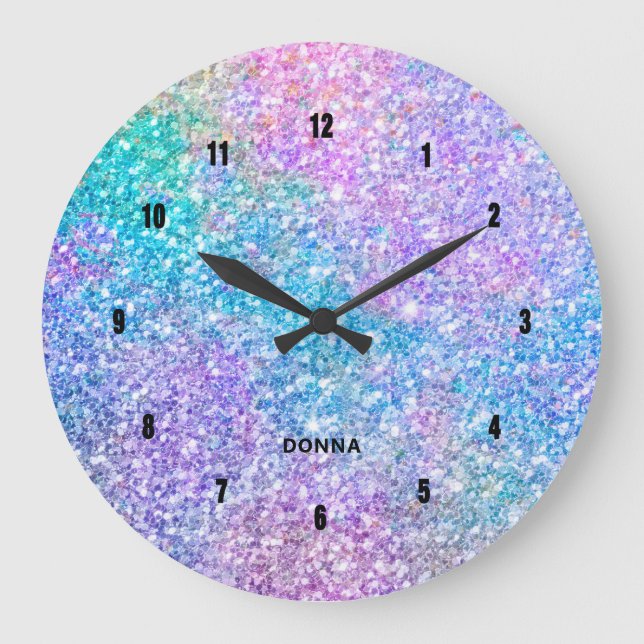 Blue pink and purple colours faux glitter large clock (Front)