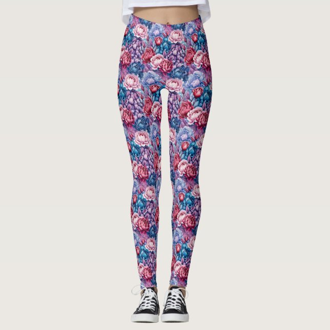 Blue Pink and Purple Flower Arrangement Leggings (Front)