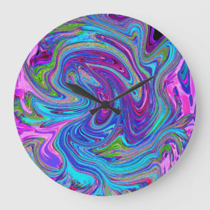 Blue, Pink and Purple Groovy Abstract Retro Art Large Clock