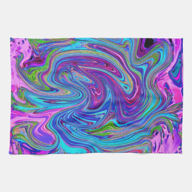 Blue, Pink and Purple Groovy Abstract Retro Art Tea Towel (Horizontal)