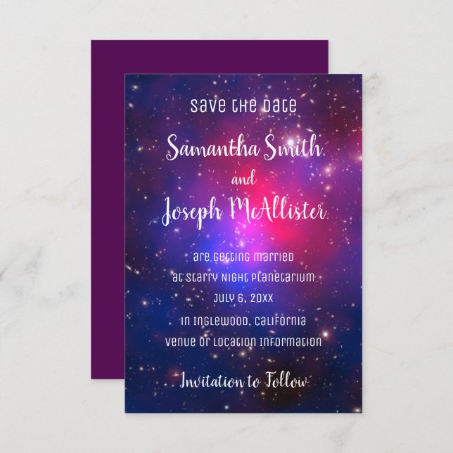 Blue Pink and Purple Space Image Save the Date Invitation (Front/Back)