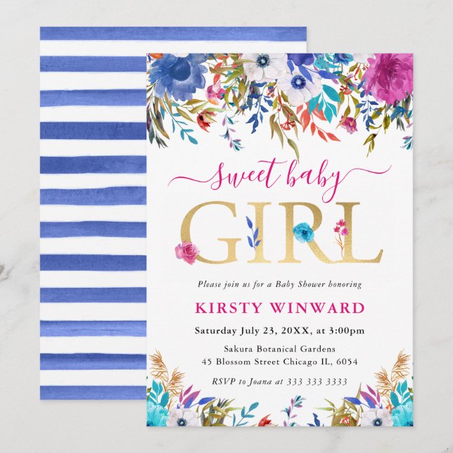 Blue, Pink and White Summer Flowers Baby Shower Invitation (Front/Back)