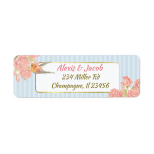 Blue Pink and White Vintage Bird Return Labels