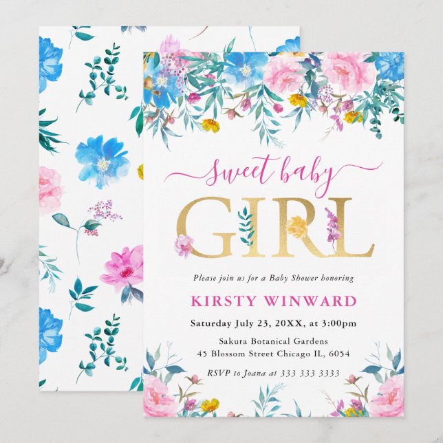 Blue, Pink and Yellow Summer Flowers Baby Shower Invitation (Front/Back)