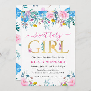Blue, Pink and Yellow Summer Flowers Baby Shower Invitation