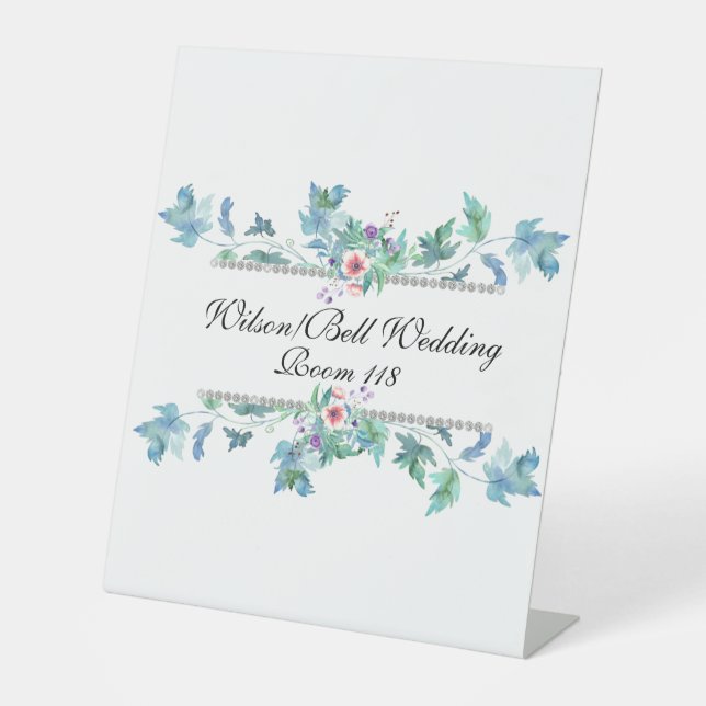 Blue Pink Anemones Diamond Bling Wedding  Pedestal Sign (Front)