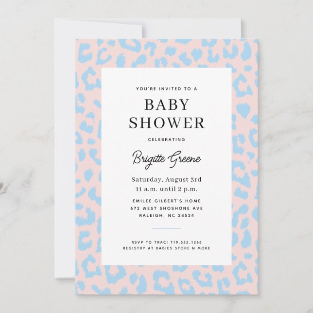 Blue Pink Animal Print Gender Reveal Baby Shower Invitation (Front)