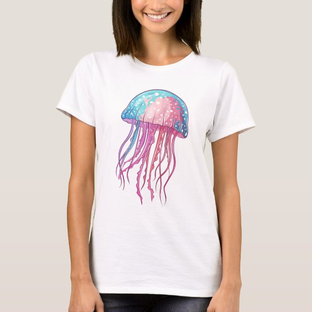 Blue & Pink Artistic Jellyfish Marine Biologist T-Shirt (Front)