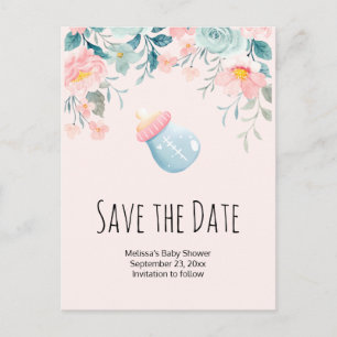 Blue & Pink Baby Bottle Baby Shower Save the Date Invitation Postcard