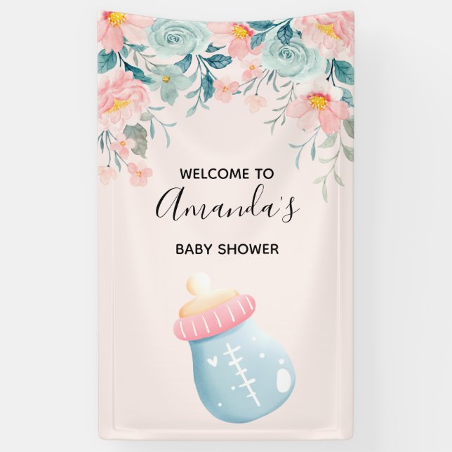 Blue & Pink Baby Bottle Cute Baby Shower Banner (Vertical)