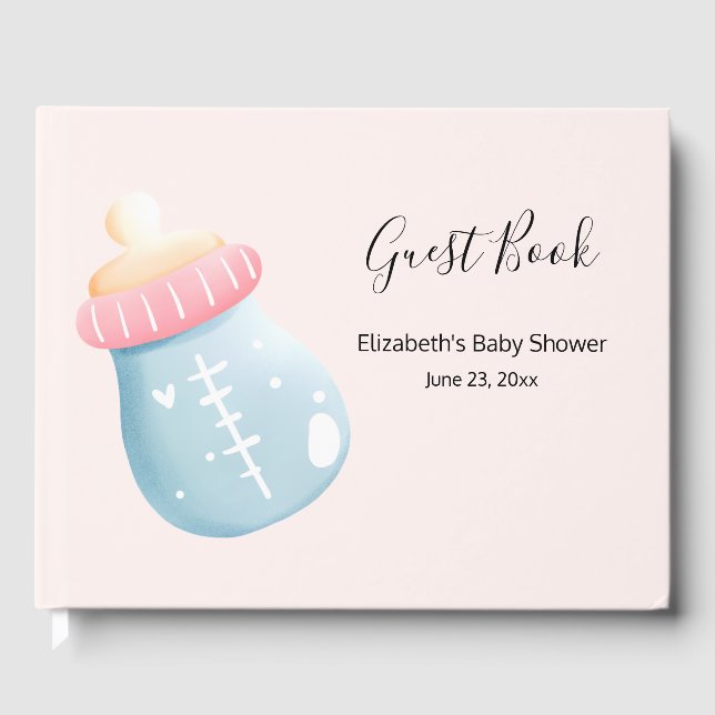 Blue & Pink Baby Bottle Cute Baby Shower Guest Book (Front)